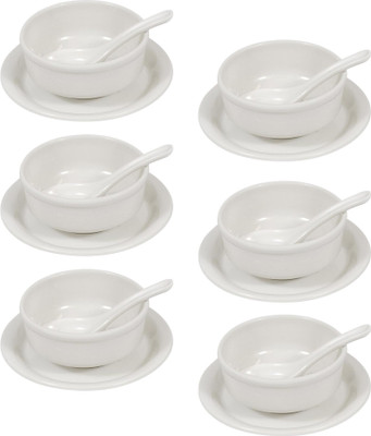 AURKA Melamine Soup Bowl Food Serving Bowl Set with Spoon & Plate for Serving Food, Microwave Safe(Pack of 6, White)