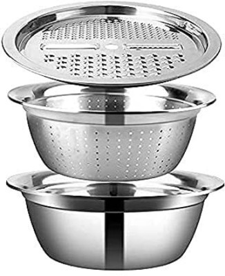 Ethnic Forest Stainless Steel Decorative Bowl 3-in-1 Multipurpose Drain Basket- Grater- Basin Bowl(Pack of 1, Steel)