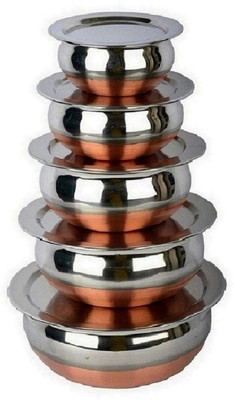 RBGIIT Stainless Steel Salad Bowl Handi Set With Lid (Thakkan, Chhibba) for Everyday Use Whether you want to cook a delicious serving of your favourite sabzi or heat leftover curries from the previous day, the 5-piece copper handi set, Prabhu Chetty, Curved Copper Plate at Bottom, Best Quality Stain