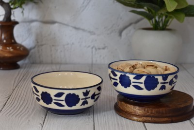 Lyallpur Stores Ceramic Cereal Bowl Ceramic Bowl Set Round Shape, For Serving Halwa & Dessert Snack etc(Pack of 2, White, Blue)