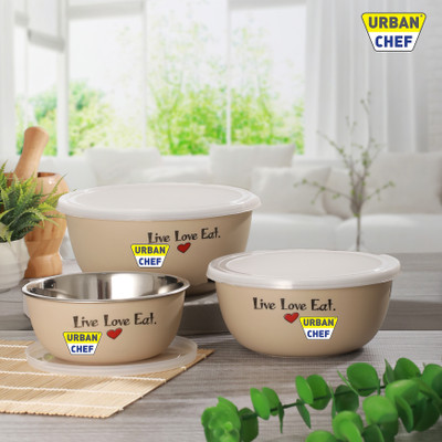 Urban Chef Stainless Steel Serving Bowl Microwave safe Flora Bowl(Pack of 3, Beige)