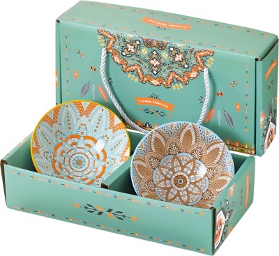 YOMITH Ceramic Dessert Bowl Unique Design Ceramic Bowl Set for Ice Cream, Soup, Rice, Salad with Gift Box(Pack of 2, Green)