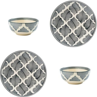 P-PLUS INTERNATIONAL Ceramic Serving Bowl Hand Painted Set of 2 Plate (8 Inch) and Set of 2 Bowl (200 Ml 10 Cm) Set(Pack of 4, Grey)