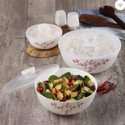 TRILOKNKS Opalware Mixing Bowl Mixing Bowls with Lid (500ml, 1000ml, 1500ml), 3 PC, White Disposable(Pack of 3, White)