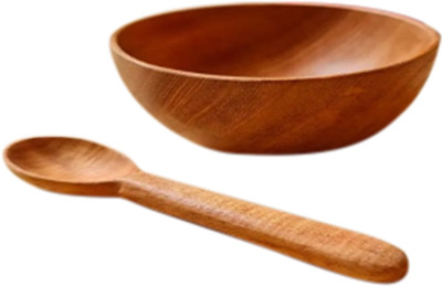 WoodyMama Wooden Serving Bowl Natural Multipurpose Bowl and Spoon Set for Serving Set, Face Mask Mixer(Pack of 1, Brown)