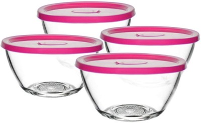 YIQELU Glass Serving Bowl Polo Glass Mixing Bowl with Lid Transparent Glass with Color Lid- 435 ml(Pack of 4, White)