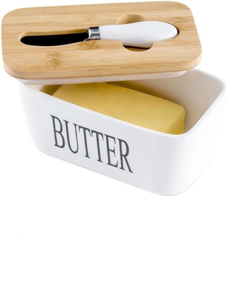 RVKE Ceramic Storage Bowl Ceramic Butter Box with Wooden Lid and Knife | Butter Storage Container(Pack of 1, White)