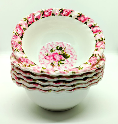 Laserbot Melamine Serving Bowl(Pack of 6, White, Red)