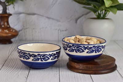 Lyallpur Stores Ceramic Cereal Bowl Ceramic Bowl Set White-Blue Round Shape, For Serving Halwa & Dessert Snack etc(Pack of 2, White)