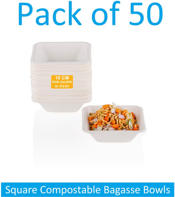 Sauran Paper Mixing Bowl Sugarcane Paper Bowls or Serving Snacks & Dinner (DGB25) Disposable(Pack of 50, White)