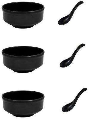 Super Dine Melamine Soup Bowl Matt Finish Soup Bowl with Spoon(Pack of 3, Black)
