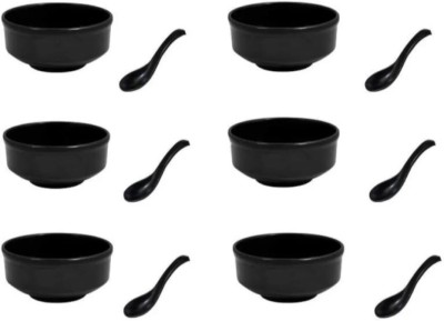 RKPL Melamine Soup Bowl Unbreakable Pure Milton Soup Bowl 6 Set with Soup Spoon 6, Black 300 ml Disposable(Pack of 12, Black)