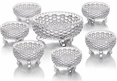 Jahap Creation Glass Serving Bowl Crystal Glass Bowl Set of 7 pcs with 1 Large Bowl & 6 Medium Bowls for Serving Snacks,Pudding,Dessert,Fruits and Other Kitchen Purpose Glass Disposable Dessert Bowl Glass Candy Bowl(Pack of 7, White)