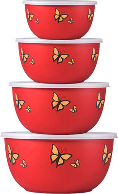 ALSAAS Stainless Steel Decorative Bowl Flora Microwave Safe bowls 4 Pcs set with Euro Lid Designer(Pack of 4, Red)