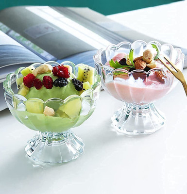V Bright Glass Dessert Bowl Ice Cream Bowl Set – Transparent Crystal Cup for Sweets & Pudding Disposable(Pack of 2, Clear)