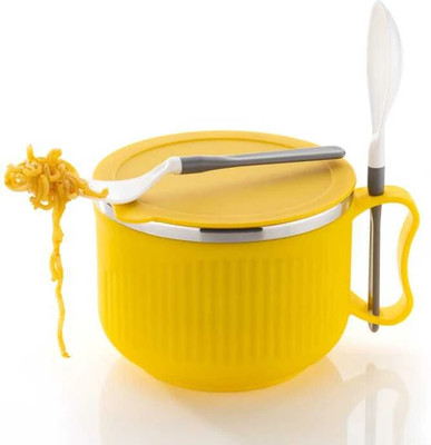 HAPPI Stainless Steel, Plastic Soup Bowl Noodles & Soup Bowl with Handle & Spoons, Bowl for Pasta, Soup, Rice, Maggie Mug(Pack of 1, Yellow)