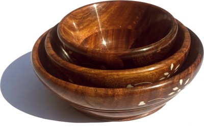 Mata Vaishno Emporium Wooden Serving Bowl B01(Pack of 3, Brown)