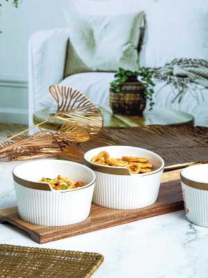 Goodhomes Porcelain Serving Bowl Bowl with Gold Print & Wooden Tray(Pack of 4, White)