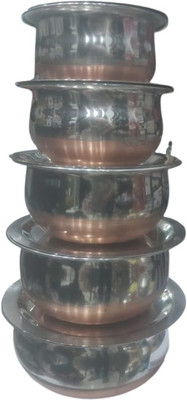 shruti Steel, Copper Serving Bowl Copper Bottom Handi / Cookware Set with Lid(Pack of 5, Silver, Multicolor)