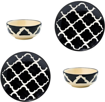 P-PLUS INTERNATIONAL Ceramic Serving Bowl Handpainted Ceramic Set of 2 Plate (7 Inch)(Pack of 4, Black)