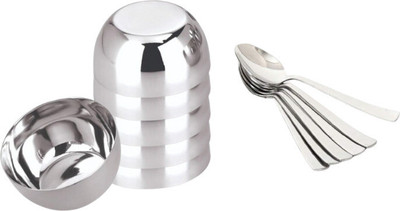 Indian Cloud Stainless Steel Vegetable Bowl serving and mixing bowl/katori/vati with Spoon set,Set Of 6 (6-Vatki,6-Spoon)(Pack of 6, Silver)
