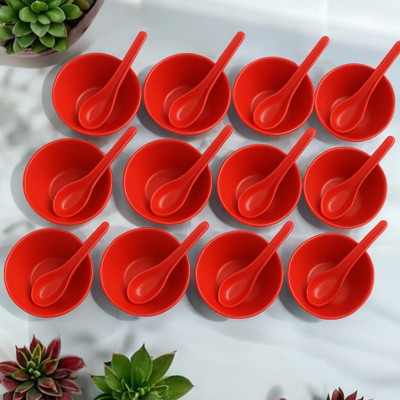 FinoFox Plastic Serving Bowl | 12 Multicolor Durable Bowls & 12 Spoons | Unbreakable, Reusable(Pack of 24, Red)
