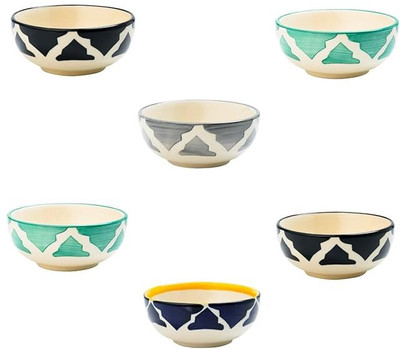 P-PLUS INTERNATIONAL Ceramic Salad Bowl Hand Painted Ceramic Bowls Set | Ceramic Bowl for Oatmeal(Pack of 6, Black, Grey, Green)