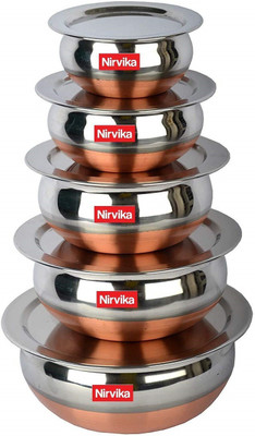 Nirvika Stainless Steel Serving Bowl Stainless Steel Handi Set Copper Bottom handi set of 5 Cookware/ Container/pot pan/patila/bhagona/Serving bowl/biryani cook & serve Set With Lids (Stainless Steel, Copper, Induction Bottom) Capacity 400 ML 650 ML and 800 ML 1200 ML,1600 ml(Pack of 5, Silver)