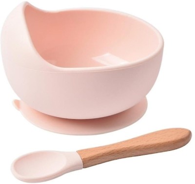 GATHA SALES Silicone Decorative Bowl & Wood Handle Spoon For Baby Feeding, Suction Design For Toddler(Pack of 1, Pink)