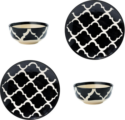 P-PLUS INTERNATIONAL Ceramic Serving Bowl Hand Painted Set of 2 Plate (8 Inch) and Set of 2 Bowl (200 Ml 10 Cm) Set |(Pack of 4, Black)