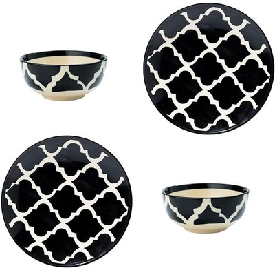 P-PLUS INTERNATIONAL Ceramic Serving Bowl Hand Painted Set of 2 Plate (8 Inch) and Set of 2(Pack of 4, Black)