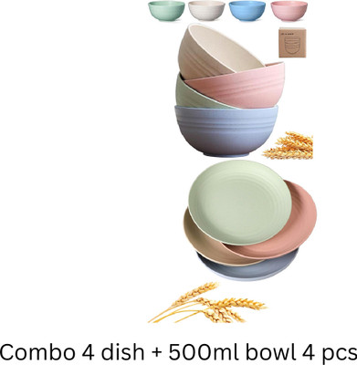 HAPYSA Ceramic Mixing Bowl Combo Unbreakable Wheat Straw 4pcs Plates 7.8 INCH + 4pcs Cereal Bowls 500ML Disposable(Pack of 8, Multicolor)