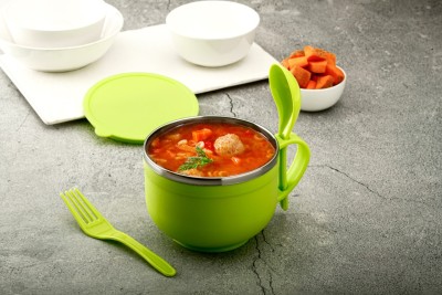 Flipkart SmartBuy Stainless Steel, Plastic Soup Bowl Stainless Steel Soup Bowl With Lid And Spoon Holder Disposable(Pack of 1, Green)