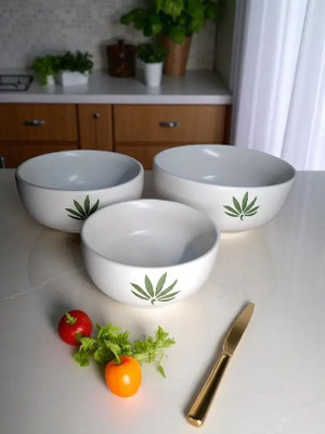Fariya Ceramic Serving Bowl Ceramic Serving Bowl Set of 3 – White & Green Multipurpose Dining Bowls Disposable(Pack of 3, White, Green)