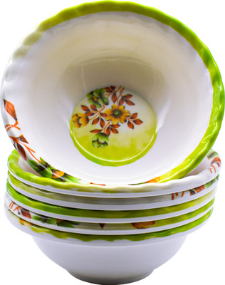 Laserbot Melamine Serving Bowl(Pack of 6, White, Green)