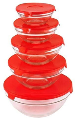 DSRPC Glass, Plastic Storage Bowl 5 Piece Borosilicate Glass Bowl Set with Lids – Mixing Bowls for Kitchen Storage(Pack of 5, Clear, Red)