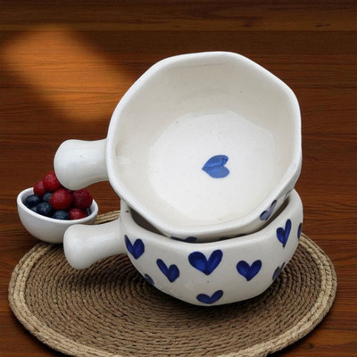 Malaikah Ceramic Sauce Bowl Blue Heart Hexagone Shaped Chutney Bowl Pack Of 2(Pack of 2, Blue)