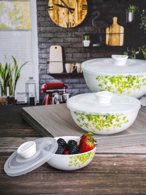 Goodhomes Opalware Mixing Bowl Bowl Set with Lid of Each Large, Medium & Small.(Pack of 3, White)