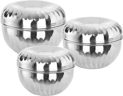 Fableart Stainless Steel Storage Bowl Fableart Stainless Steel Apple Shape Storage Containers/ Canister Set/ Puri Dabba/ Steel Dabbi/ Lid Bowl Set; 3 Pcs- 500ml, 750ml & 1100ml(Pack of 3, Silver)