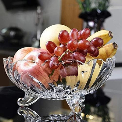 Wallsenterprise Glass Vegetable Bowl Designer Glass Serving Bowl, Table Fruit Bowl Flat Base, Crystal Flower Cut(Pack of 1, Clear)