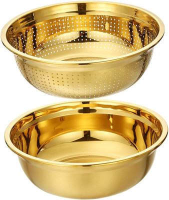 BHAJANSHREE 2 Pcs Gold Stainless Steel Colander with 3.5 Quart Rice Washer & Strainer Bowl Colander(Gold Pack of 2)