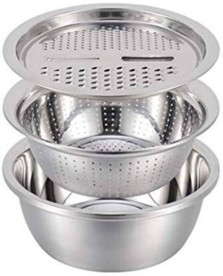 GaxQuly Stainless Steel Vegetable Bowl 3 in 1 Kitchen Multipurpose Kitchen Stainless Steel Bowl, Drain Basket, Julienne Graters for Vegetable Cutter, Vegetable/Fruit Grater Kitchen Mesh Strainers(Set of 1)(Pack of 1, Steel)