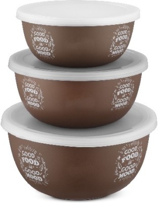 GenKraft Stainless Steel, Plastic Storage Bowl Flora Stainless Steel Microwave Safe 3 Pcs. Bowl Set with Lid-Brown(Pack of 3, Brown)