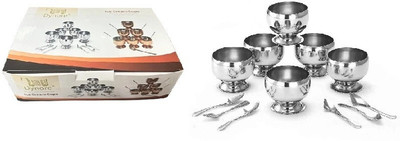 Dynore Stainless Steel Dessert Bowl Stainless Steel Apple Shape 6 Ice Cream Cup with 6 Ice Cream Spoon(Pack of 12, Silver)