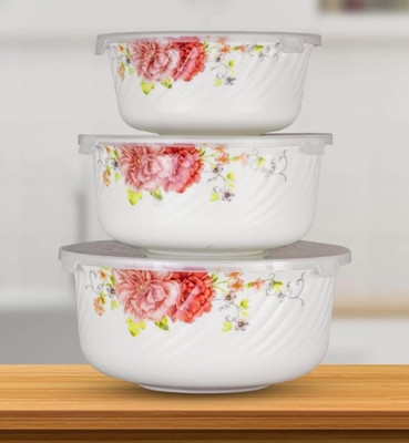Dautaniya Melamine Serving Bowl White Melamine Flower Printed Serving Bowl with lid Bowl Set of 3(Pack of 3, White)