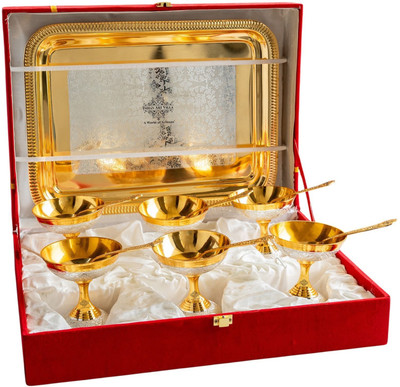 IndianArtVilla Silver Plated Storage Bowl Silver Plated Gold Polished 6 Ice Cream Bowl with 6 Spoon & 1 Tray(Pack of 1, Gold)