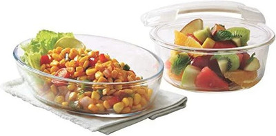 BOROSIL Glass Decorative Bowl Microwavable Klip N Store Round - 620 ml Glass Grocery Container (Clear)(Pack of 2, White)