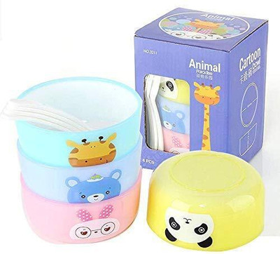Prezzie Villa Wooden, Plastic Serving Bowl Animal Design Plastic Cartoon Colorful Bowl for Kids 4 Pieces with 4 Spoons(Pack of 4, Multicolor)