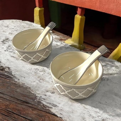 BACKKSPACE RETAIL Ceramic Serving Bowl Ceramic Soup Bowls Set of 2 with Matching Spoons(Pack of 2, Grey)