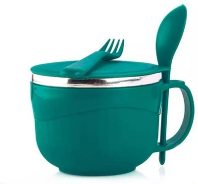 ADMONITION ENTERPRISE Stainless Steel Pasta Bowl Inner Stainless Steel Double Wall Maggi/Noodles & Soup Bowl with Spoon & Lid-1(Pack of 1, Green)